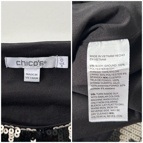 Chico’s Classy Black & White Sequin Houndstooth Flare 3/4 Sleeve Blouse Top - Picture 8 of 10